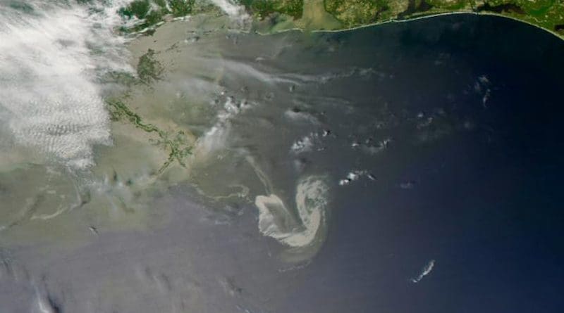Satellite image taken on May 9, 2010 of the Deepwater Horizon oil spill site in the Gulf of Mexico. CREDIT MODIS on NASA's AQUA satellite, 9 May 2010 @ 190848 UTC. Downlink and processed at the UM Rosenstiel School's Center for Southeastern Tropical Advanced Remote Sensing (CSTARS)