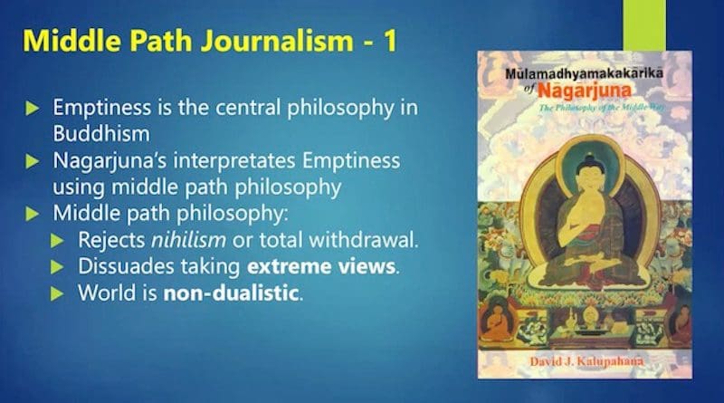 Dorji Wangchuck, Bhutanese communication scholar and filmmaker, pleaded for 'Middle Path Journalism' instead of adversial journalism. Credit: Dr Kalinga Seneviratne.