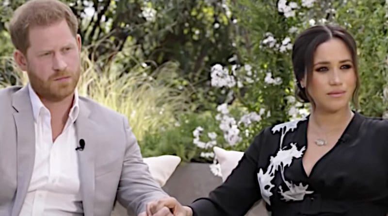 Prince Harry and Meghan Markle during their interview with Oprah Winfrey. (Photo: Video Grab)