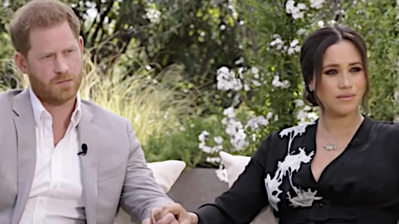 Prince Harry and Meghan Markle during their interview with Oprah Winfrey. (Photo: Video Grab)