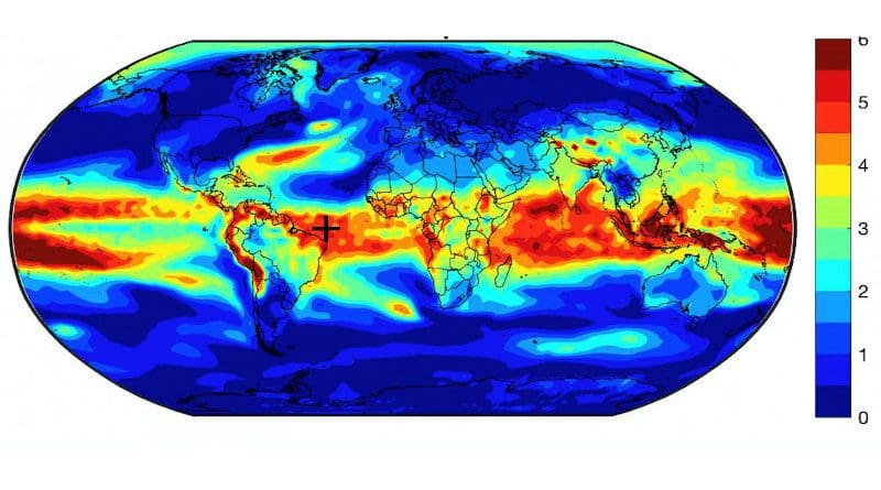 This map of the Earth shows the spacial pattern of temperature variance by percentage. The most variance is seen in the tropics with less at the poles. CREDIT Daniel J. Brouillette. Penn State