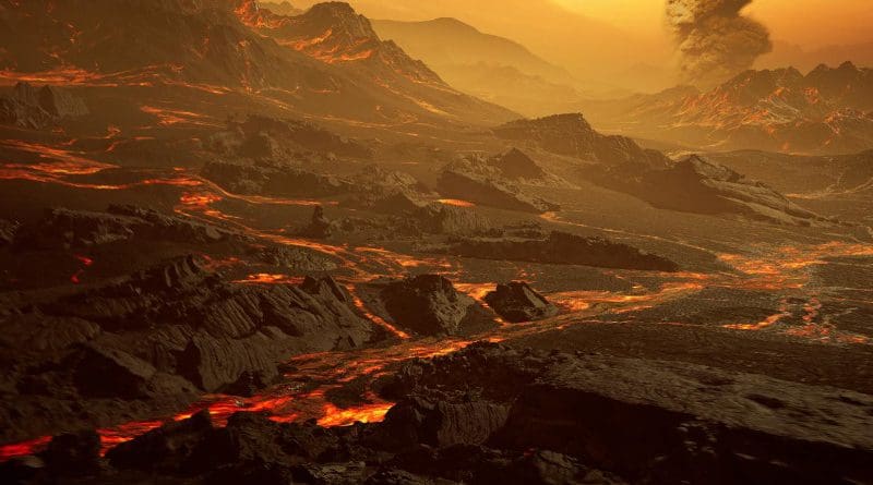 Artistic impression of the surface of the newly discovered hot super-Earth Gliese 486b. With a temperature of about 700 Kelvin (430°C), the astronomers of the CARMENES Consortium expect a Venus-like hot and dry landscape interspersed with glowing lava rivers. Gliese 486b possibly has a tenuous atmosphere. CREDIT RenderArea, https://renderarea.com