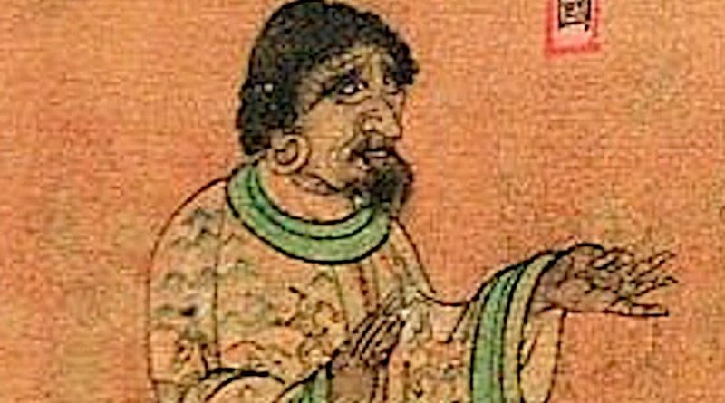Ambassador from Sri Lanka (獅子國 Shiziguo) to China (Liang dynasty), Wanghuitu (王会图), circa 650 CE. Drawing: 阎立本,Yan Liben (601-673 CE), Tang Dynasty, Wikipedia Commons
