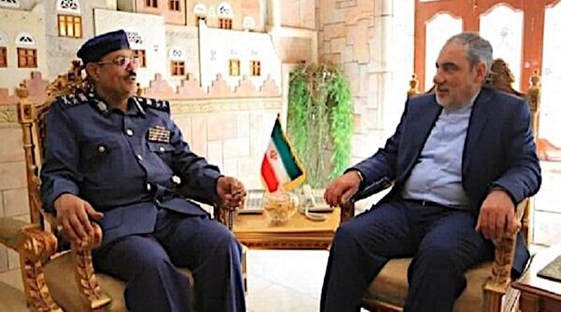 Iran's Ambassador in Sana'a Hassan Irloo (right) meets with General Sultan Al-Samaei, a member of Yemen’s Supreme Political Council, an unrecognized executive body formed by the Houthi movement. Photo Credit: Mehr News Agency