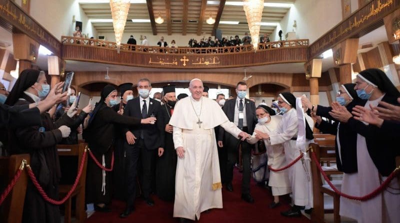 Pope Francis at the Cathedral of Our Lady of Salvation in Baghdad, Iraq, March 5, 2021. Photo credits: Vatican Media.