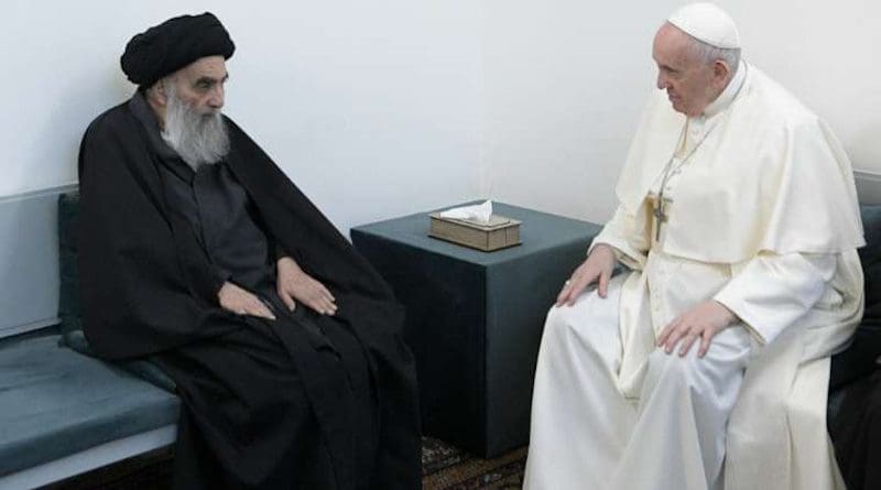 Pope Francis meets Grand Ayatollah Ali al-Sistani in Najaf, Iraq, March 6, 2021. Credit: Vatican Media.