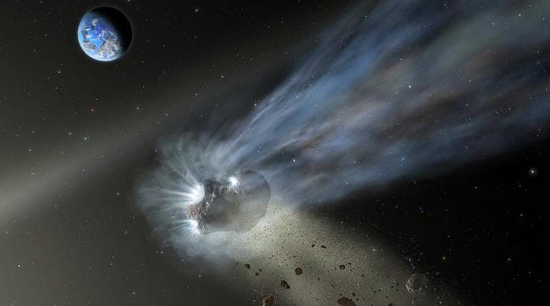 This illustration of a comet from the Oort Cloud as it passes through the inner solar system with dust and gas evaporating into its tail. SOFIA's observations of Comet Catalina reveal that it's carbon-rich, suggesting that comets delivered carbon to the terrestrial planets like Earth and Mars as they formed in the early solar system. CREDIT Credit: NASA/SOFIA/ Lynette Cook.