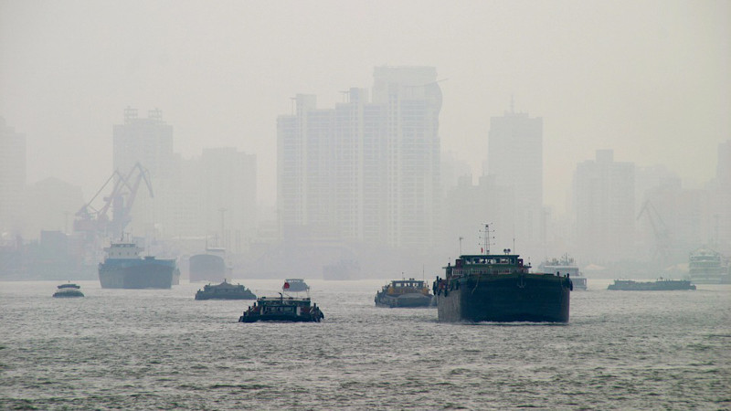 Pollution Fog Shanghai Boats Smog River Skyscraper China