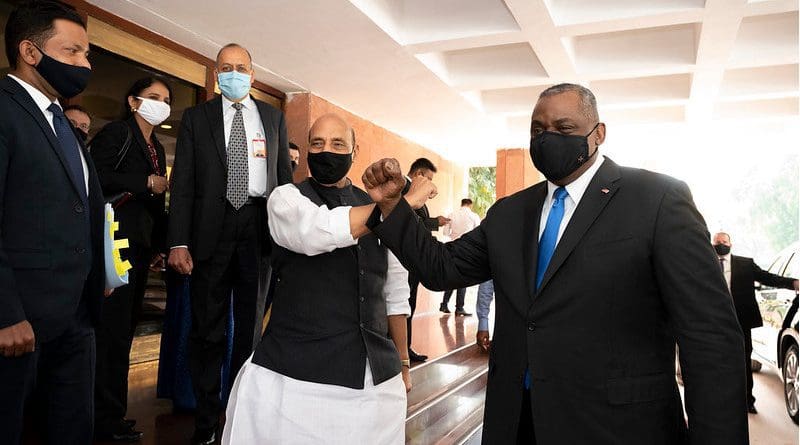 Secretary of Defense Lloyd J. Austin III meets with Indian Minister of Defense Rajnath Singh, at Vigyan Bhawan, New Delhi, India, March 20, 2021. (DoD photo by Lisa Ferdinando)