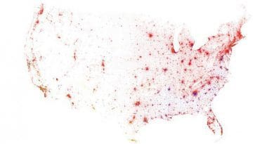Contiguous United States, Census 2010. One dot for each 500 residents. Red is White, Blue is Black, Green is Asian, Orange is Hispanic, Yellow is Other. CREDIT Eric Fischer, 2011, Flickr