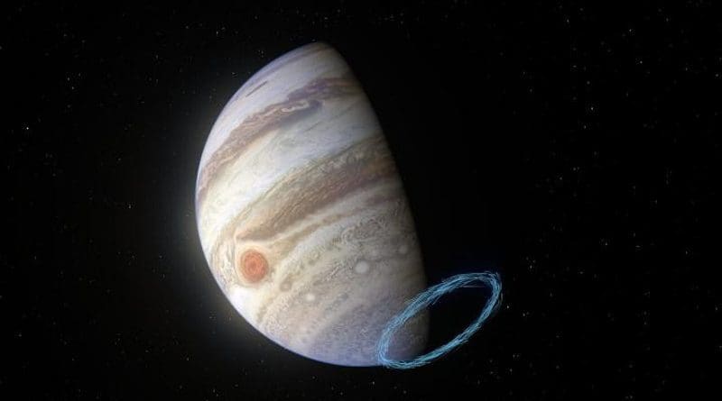 This image shows an artist's impression of winds in Jupiter's stratosphere near the planet's south pole, with the blue lines representing wind speeds. These lines are superimposed on a real image of Jupiter, taken by the JunoCam imager aboard NASA's Juno spacecraft. Jupiter's famous bands of clouds are located in the lower atmosphere, where winds have previously been measured. But tracking winds right above this atmospheric layer, in the stratosphere, is much harder since no clouds exist there. By analysing the aftermath of a comet collision from the 1990s and using the ALMA telescope, in which ESO is a partner, researchers have been able to reveal incredibly powerful stratospheric winds, with speeds of up to 1450 kilometres an hour, near Jupiter's poles. CREDIT ESO/L. Calçada & NASA/JPL-Caltech/SwRI/MSSS