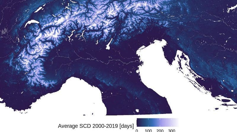 Average snow cover in days 2000-2019 CREDIT Eurac Research