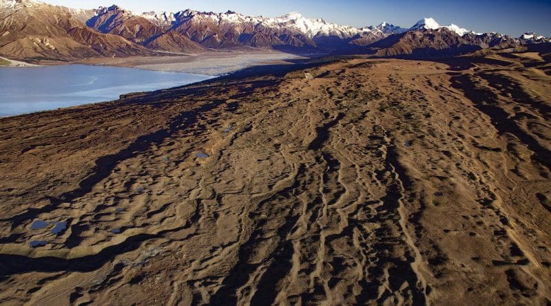 Moraines constructed during repeated advance-retreat cycles of one of the glaciers that extended out from the Southern Alps in New Zealand during the last ice age. Around 18,000 years ago, the glacier rapidly retreated in response to a sustained global warming event that terminated the ice age, revealing the glacial valley that is occupied by present-day Lake Pukaki (seen in the far left). New Zealand's tallest mountain, Aoraki/Mt. Cook, is in the background. CREDIT Photo courtesy of Aaron Putnam