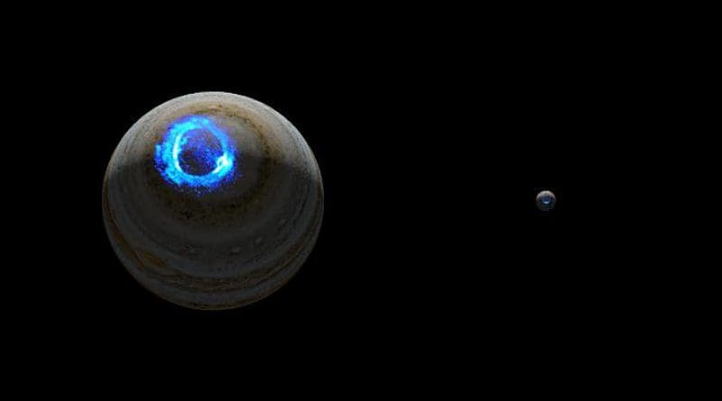 Even if Jupiter's diameter is ten times larger than the Earth's, this illustration shows the similarities between the two kinds of aurora. CREDIT Credit: NASA/JPL-Caltech/SwRI/UVS/STScI/MODIS/WIC/IMAGE/ULiège/Bonfond
