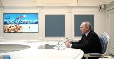 Russia's President Vladimir Putin during the videoconference ceremony to launch Talas Gold Mining Complex at the Jerooy deposit. Photo Credit: Kremlin.ru