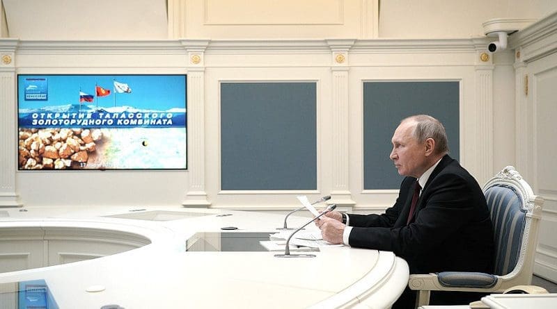 Russia's President Vladimir Putin during the videoconference ceremony to launch Talas Gold Mining Complex at the Jerooy deposit. Photo Credit: Kremlin.ru