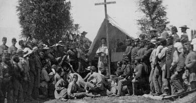 Officers and men of the Irish-Catholic 69th New York Volunteer Regiment attend church services at Fort Corcoran in 1861. Photo Credit: Mathew Brady, Wikipedia Commons