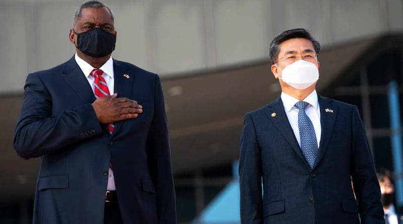 Secretary of Defense Lloyd J. Austin III and South Korean Minister of Defense Suh Wook stand as the U.S. national anthem is played during a welcome ceremony for Austin in Seoul, South Korea, March 17, 2021. Photo Credit: Lisa Ferdinando, DOD