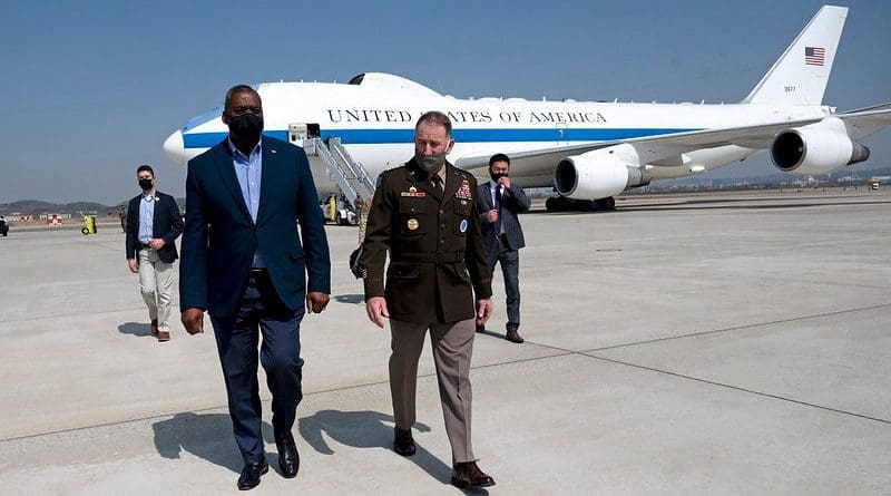 Secretary of Defense Lloyd J. Austin III meets with the commander of U.S Forces Korea, Army Gen. Robert B. Abrams, upon arrival at Osan Air Base, South Korea, March 17, 2021. (DoD photo by Lisa Ferdinando)