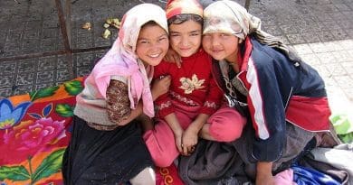 Three Uyghur girls at a Sunday market in the oasis city Khotan. Photo Credit: Colegota, Wikipedia Commons