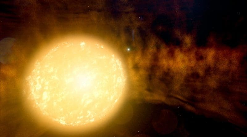 U Mon's primary star, an elderly yellow supergiant, has around twice the Sun's mass but has billowed to 100 times the Sun's size. Scientists know less about the companion, the blue star in the background of this illustration, but they think it's of similar mass and much younger than the primary. CREDIT Credit: NASA's Goddard Space Flight Center/Chris Smith (USRA/GESTAR)