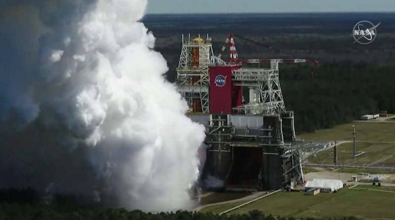 The core stage for the first flight of NASA's Space Launch System rocket is seen in the B-2 Test Stand during a hot fire test Thursday, March 18, 2021, at NASA's Stennis Space Center near Bay St. Louis, Mississippi. The hot fire is the final test of the Green Run test series, a comprehensive assessment of the Space Launch System's core stage prior to launching the Artemis I mission to the Moon. Credits: NASA TV
