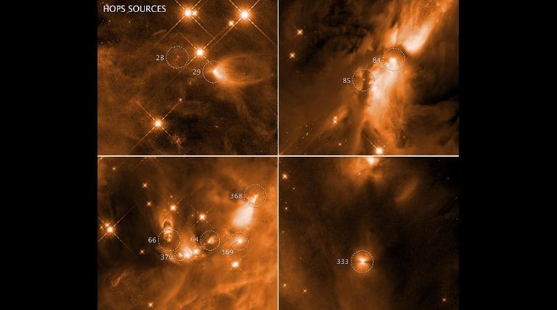 These four images taken by NASA's Hubble Space Telescope reveal the chaotic birth of stars in the Orion complex, the nearest major star-forming region to Earth. The snapshots show fledgling stars buried in dusty gaseous cocoons announcing their births by unleashing powerful winds and pairs of spinning, lawn-sprinkler-style jets shooting off in opposite directions. Near-infrared light pierces the dusty region to unveil details of the birthing process. The stellar outflows are carving out cavities within the hydrogen gas cloud. This relatively brief birthing stage lasts about 500,000 years. Although the stars themselves are shrouded in dust, they emit powerful radiation, which strikes the cavity walls and scatters off dust grains, illuminating in infrared light the gaps in the gaseous envelopes. Astronomers found that the cavities in the surrounding gas cloud sculpted by a forming star's outflow did not grow regularly as they matured, as theories propose. The protostars were photographed in near-infrared light by Hubble's Wide Field Camera 3. The images were taken Nov. 14, 2009, and Jan. 25, Feb. 11, and Aug. 11, 2010. CREDIT Credits: NASA, ESA, STScI, N. Habel and S. T. Megeath (University of Toledo)