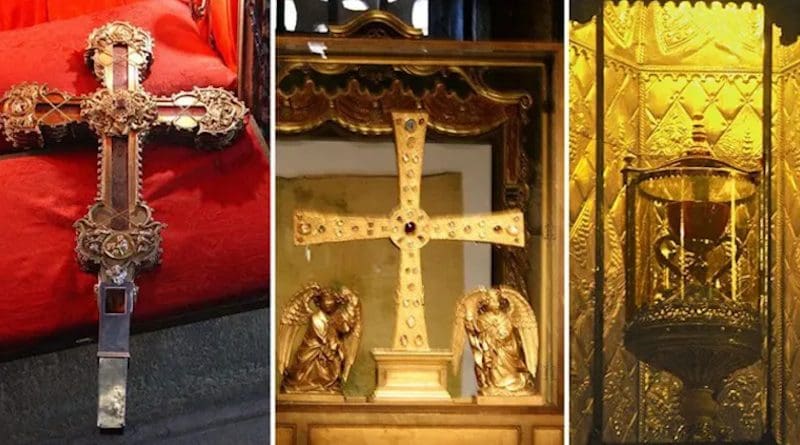 From left: Relic of the Lignum Crucis, Holy Shroud, and Holy Chalice. / Wikipedia / Public Domain.