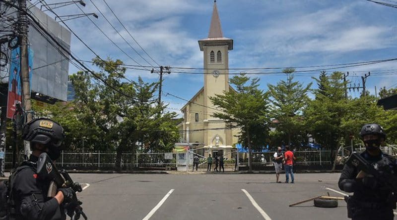 Security personnel patrol on March 28 after suicide bomb attack on the Sacred Heart of Jesus Cathedral in Makassar, capital of Indonesia's South Sulawesi province. Photo Credit: Fars News Agency