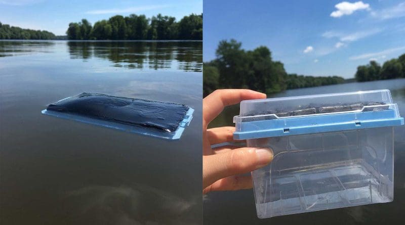 In a study conducted at Princeton University, researchers placed the gel in lake water where it absorbed pure water, leaving contaminants behind. The researchers then placed the gel in the sun, where solar energy heated up the gel, causing the discharge of the pure water into the container. CREDIT Image credit: Xiaohui Xu , Princeton University