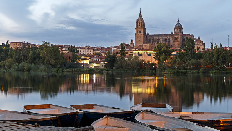 Salamanca Spain Architecture River Boats Landscape Reflection Dusk