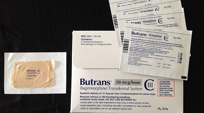 Buprenorphine patches in the pouch with packaging: A removed patch is shown on the left. In Britain, buprenorphine patches are named Butec 5, Butec 10, and so on. Photo Credit: 9ballguy, Wikipedia Commons
