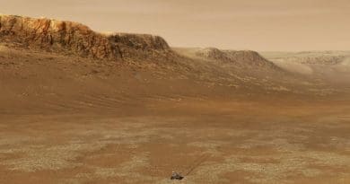 Illustration of NASA's Perseverance rover at work within Mars's Jezero Crater. CREDIT NASA and JPL-Caltech.