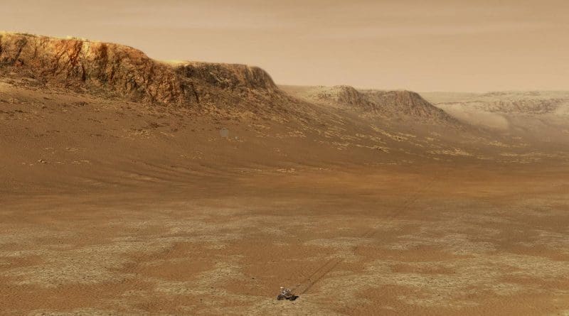 Illustration of NASA's Perseverance rover at work within Mars's Jezero Crater. CREDIT NASA and JPL-Caltech.