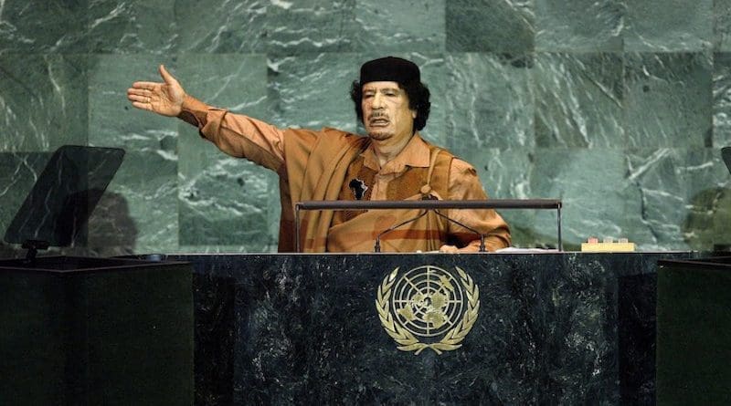 Col Muammar el-Qaddafi of Libya addressing the UN General Assembly sessions in September 2009. Credit: United Nations