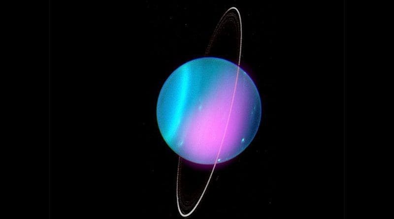 The first X-rays from Uranus have been captured by Chandra during observations obtained in 2002 and 2017, a discovery that may help scientists learn more about this ice giant planet. Researchers think most of the X-rays come from solar X-rays that scatter off the Uranus's atmosphere as well as its ring system. Some of the X-rays may also be from auroras on Uranus, a phenomenon that has previously been observed at other wavelengths. This Uranus image is a composite of optical light from the Keck telescope in Hawaii (blue and white) and X-ray data from Chandra (pink). CREDIT X-ray: NASA/CXO/University College London/W. Dunn et al; Optical: W.M. Keck Observatory