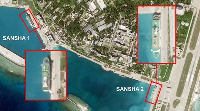 A satellite image from December 2020 showing the Sansha 1 and Sansha 2 docked at Woody Island. [Image: Planet Labs Inc; Analysis: RFA]
