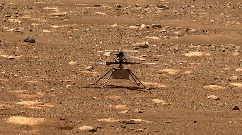 NASA's Ingenuity helicopter unlocked its blades, allowing them to spin freely, on April 7, 2021, the 47th Martian day, or sol, of the mission. This image was captured by the Mastcam-Z imager aboard NASA's Perseverance Mars rover on the following sol, April 8, 2021. Credits: NASA/JPL-Caltech