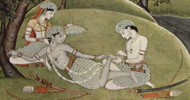 Detail of Rama with his wife Sita and brother Lakshmana during exile in forest, manuscript, ca. 1780 Credit: Rama and Sita in the forest, Indian artist, Wikipedia Commons
