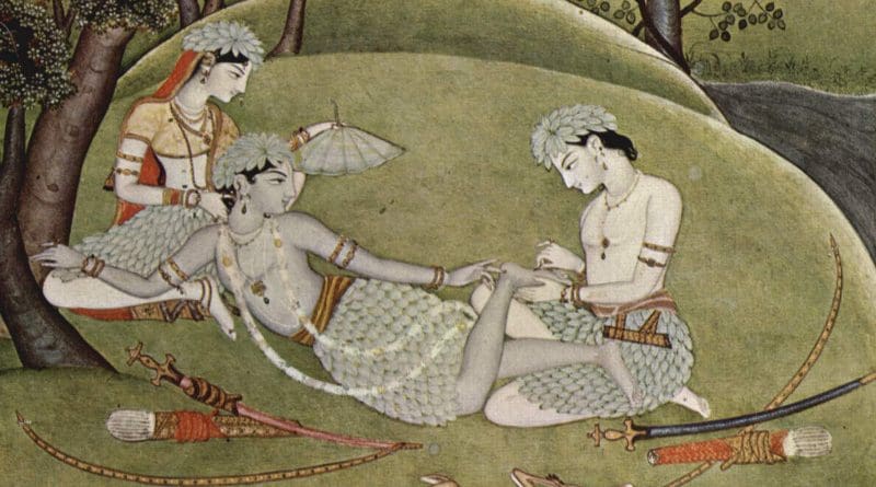 Detail of Rama with his wife Sita and brother Lakshmana during exile in forest, manuscript, ca. 1780 Credit: Rama and Sita in the forest, Indian artist, Wikipedia Commons