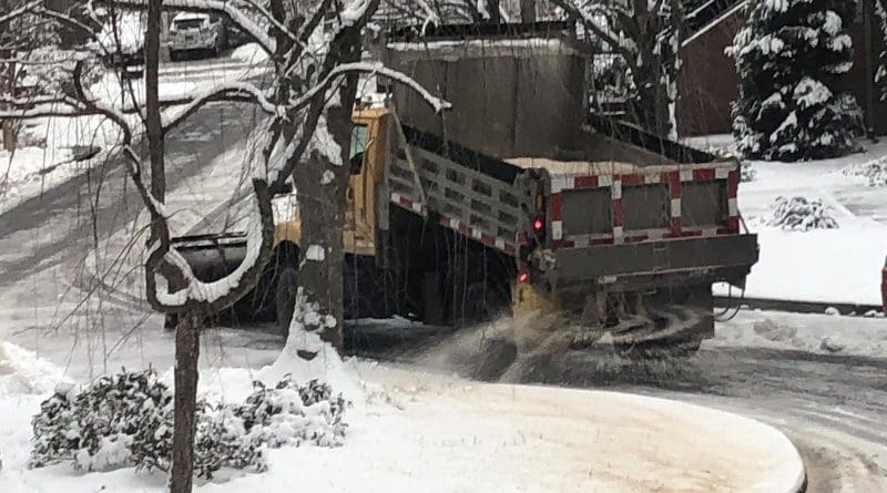 A truck applies salt to a road during winter storm. CREDIT Sujay Kaushal