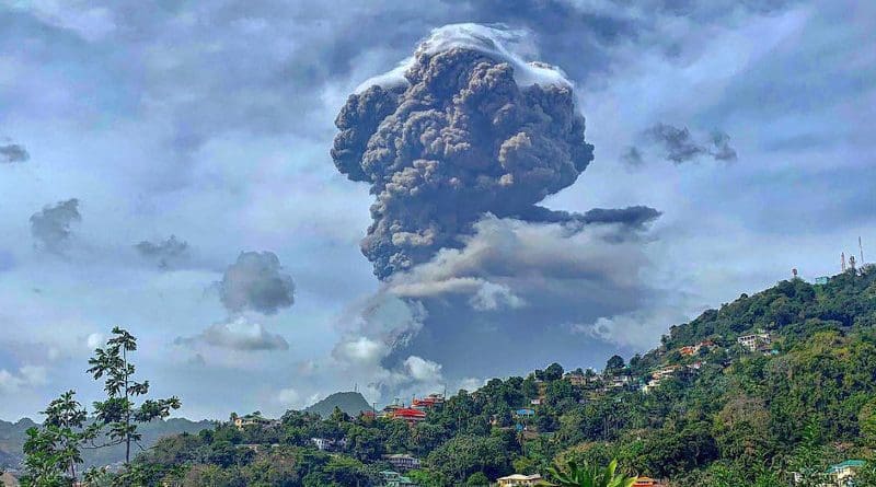 Plumes of ash billow from the La Soufriere volcano on the island of St. Vincent and the Grenadines which started erupting on 9th April. Photo Credit: Navin Pato Patterson, UN News