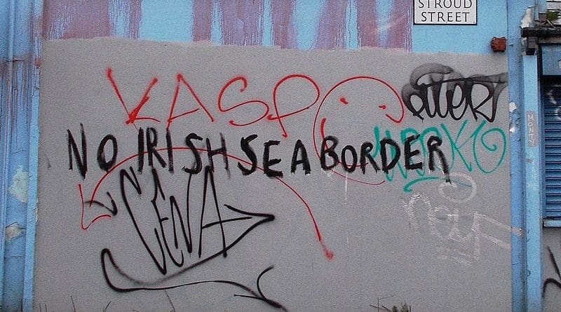 Graffiti in Belfast opposing an "Irish Sea border" (February 2021). Photo Credit: Whiteabbey, Wikipedia Commons
