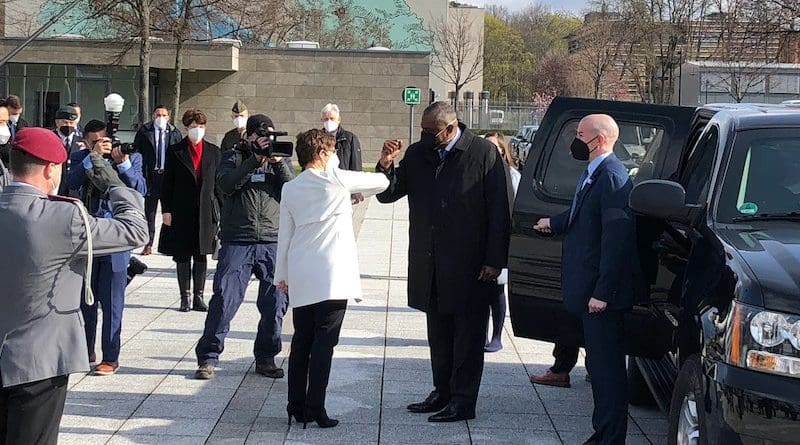 Secretary of Defense Lloyd J. Austin III greets German Defense Minister Annegret Kramp-Karrenbauer at the Defense Ministry in Berlin, April 13, 2021. Photo Credit: Jim Garamone, DOD