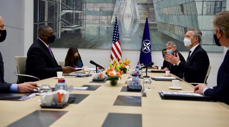 NATO Secretary General Jens Stoltenberg welcomes Secretary of Defense Lloyd J. Austin III to NATO headquarters, April 14, 2021. Photo Credit: NATO