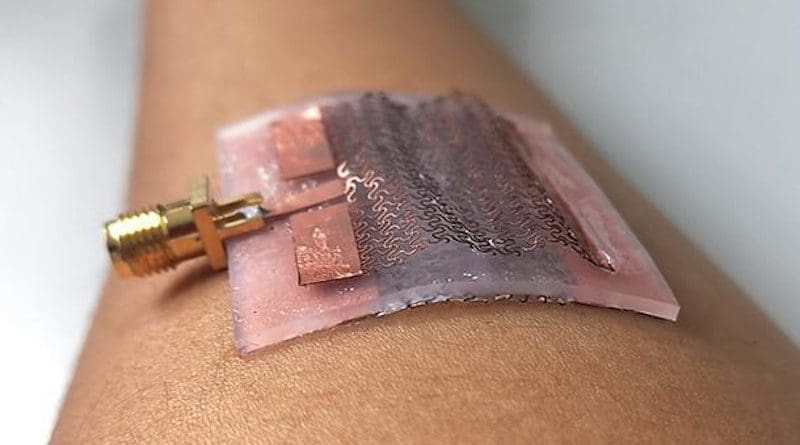 The wearable transmitter is designed to compress its top layer in a double arch pattern, shown here, to respond to movement without compromising signal transmission. CREDIT Huanyu Cheng, Penn State