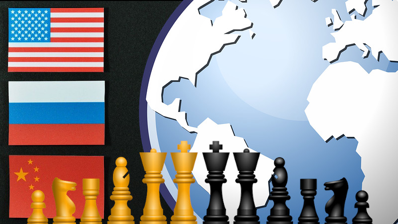 russia china united states flags globe chess