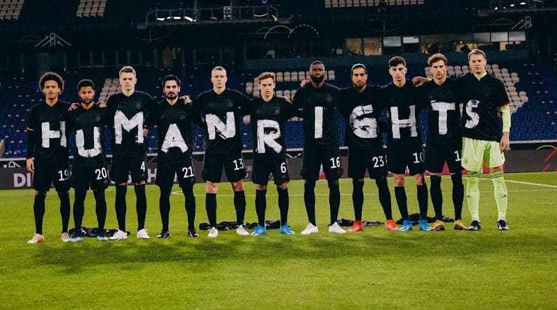 Soccer players in Germany wearing Human Rights shirts. Image credit: Twitter