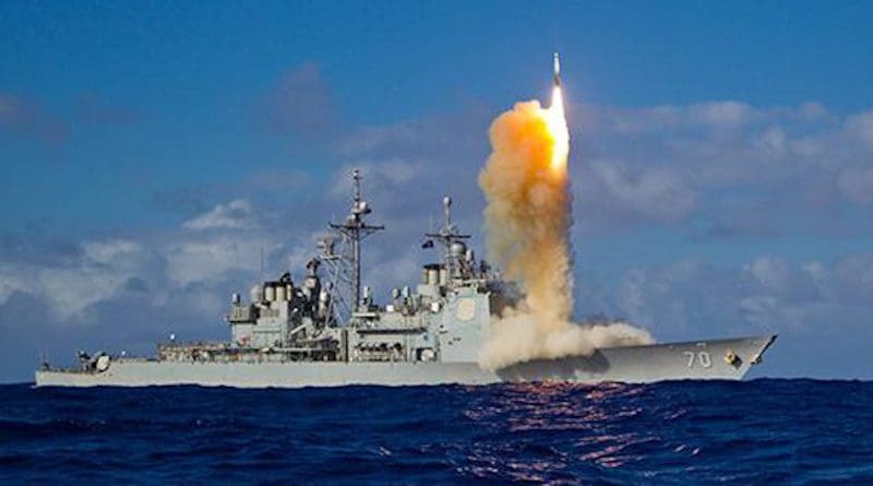 Launch of SM-3 Block IB interceptor from guided-missile cruiser USS Lake Erie (CG 70). CREDIT U.S. Navy