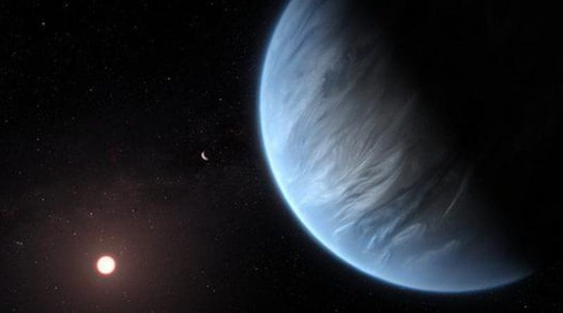 An artistic impression of one of the exoplanets in the study, K2-18b. The image shows the planet, its host star, and an accompanying planet in this system. K2-18b is now the only gas dwarf exoplanet known to host both water and temperatures that could support life. CREDIT ESA / Hubble, M. Kornmesser, CC BY 4.0